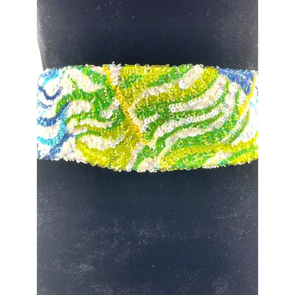 Vintage La Mendola Peacock Retro Hand Beaded Green Pure Silk Chiffon Belt